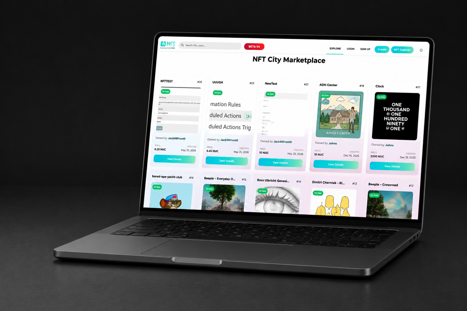 NFT City marketplace grid showing listings with pricing and ownership