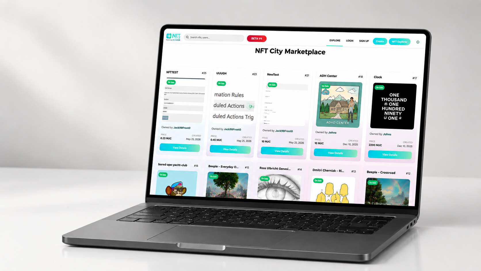NFT City marketplace grid showing listings with pricing and ownership