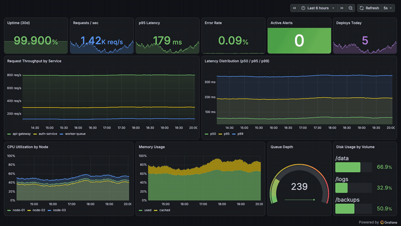 Live-updating Grafana service health dashboard